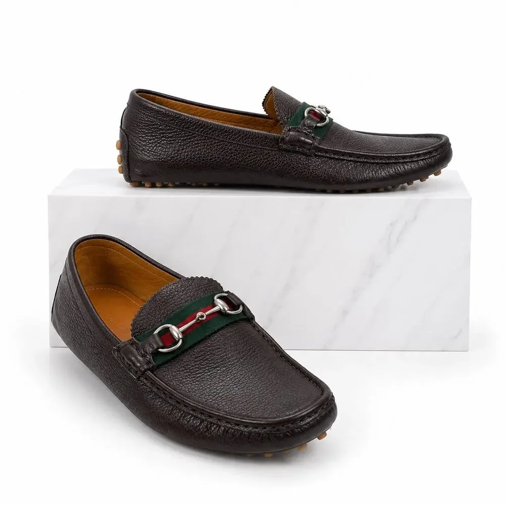 Gucci Horsebit Web Leather Driver Loafer Slip On Brown Size 10/ 10.5